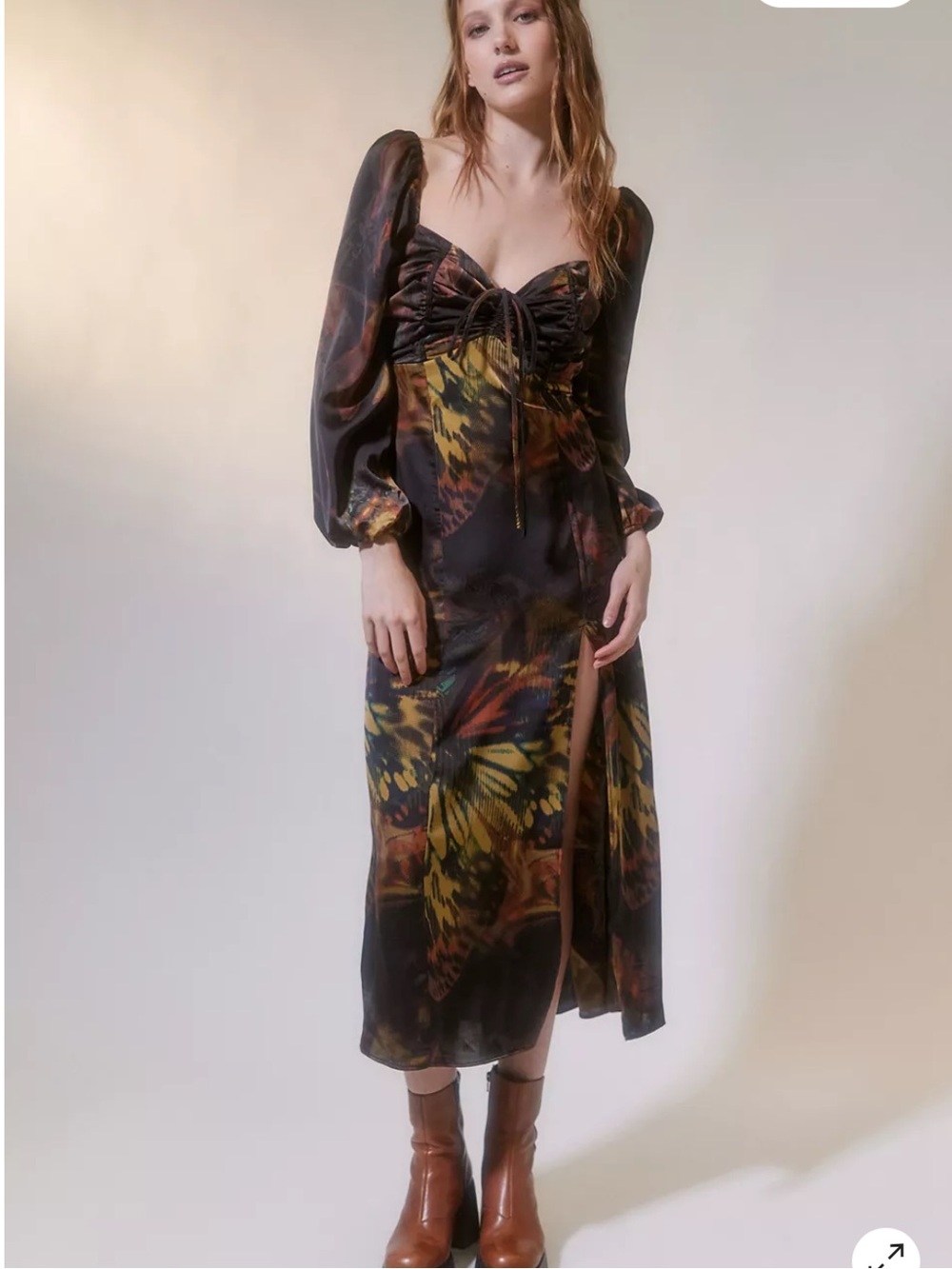 NEW UO Kitty Printed Puff Sleeve Black Silky Midi Dress Size S
